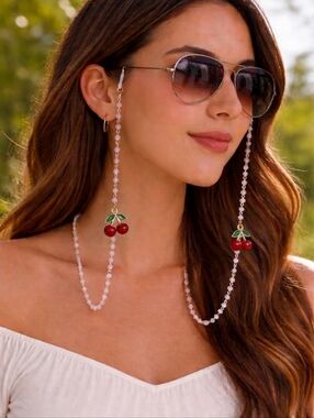 Rose Quartz Sunglass Chain Cherry Charm Pink Crystal Beaded Eyeglass Holder